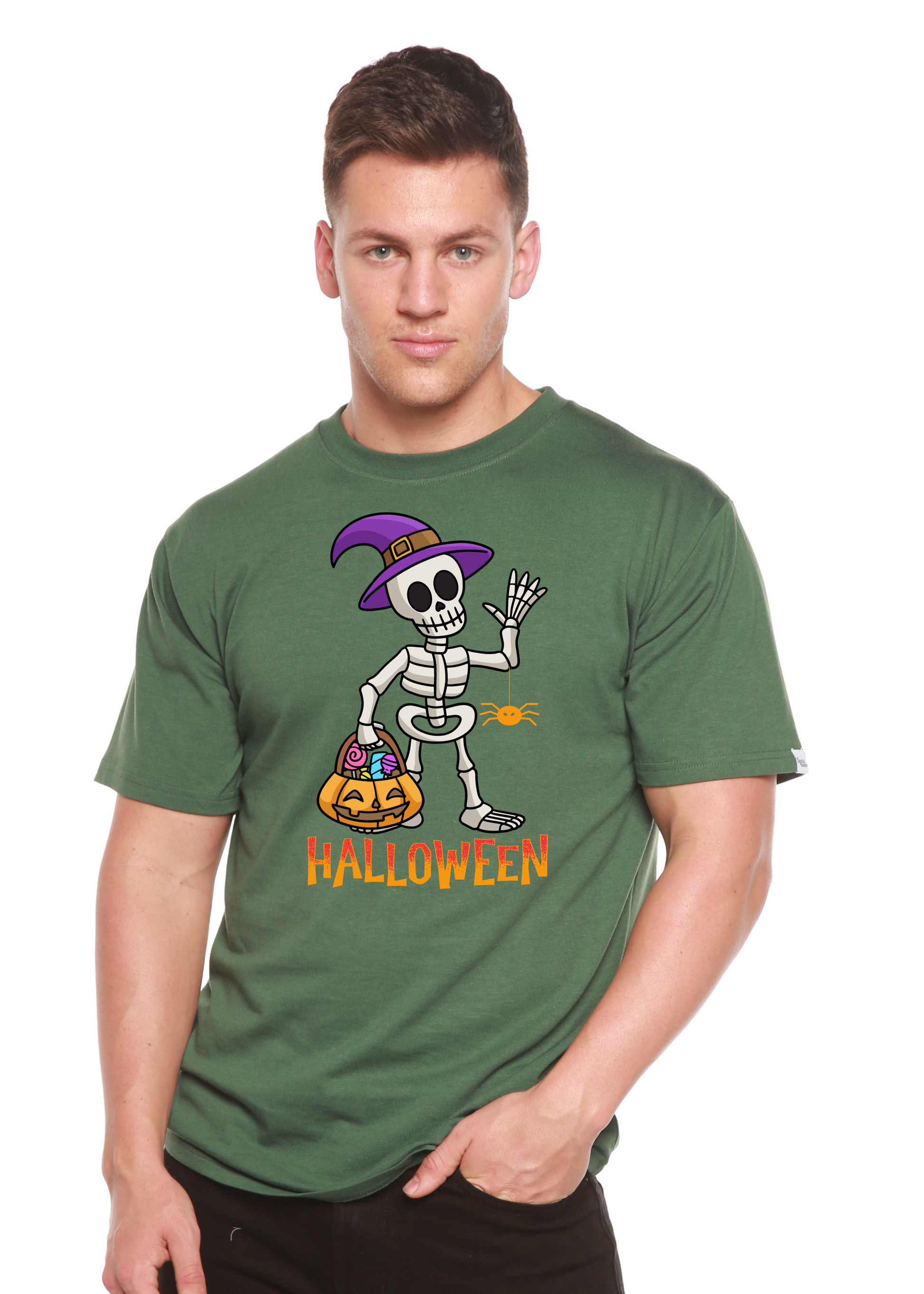 Mens bamboo cotton Halloween graphic tee with skeleton in purple witch hat and pumpkin bucket on Tampa Home & Garden Store