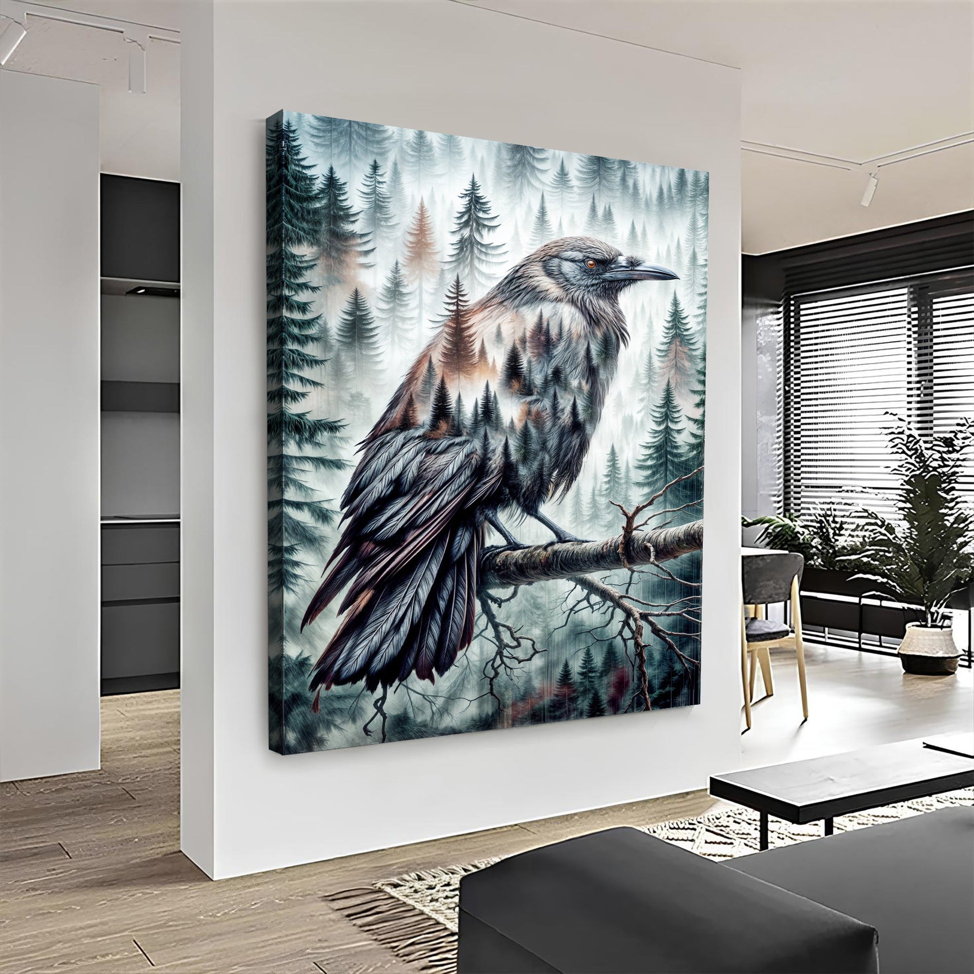 Crow Double Exposure Canvas art featuring a large crow against a misty forest on Tampa Home & Garden Store