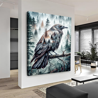 Crow Double Exposure Canvas art featuring a large crow against a misty forest on Tampa Home & Garden Store