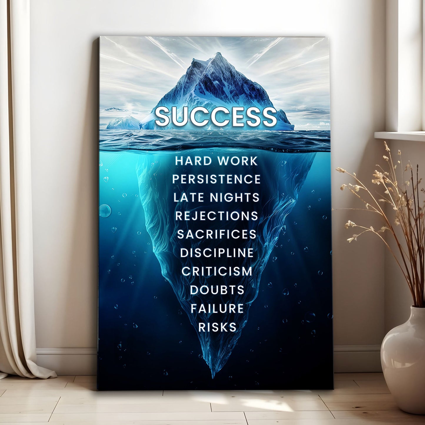 Success Motivational Wall Sign canvas with blue iceberg design and bold white text on Tampa Home & Garden Store