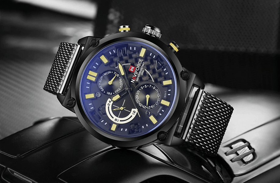 Stevvex men's analog quartz watch with stainless steel mesh band blue dial yellow markers on Tampa Home & Garden Store