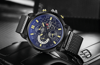 Stevvex men's analog quartz watch with stainless steel mesh band blue dial yellow markers on Tampa Home & Garden Store