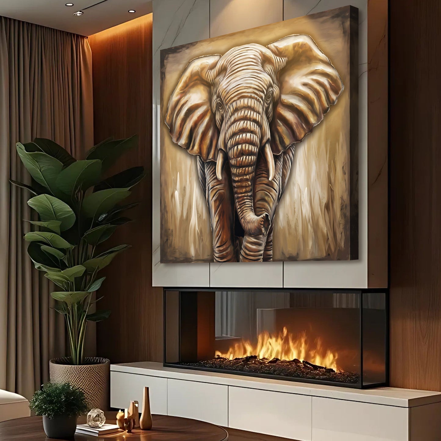 3D Elephant Wall Art crafting canvas by Tailored Canvases in gold tones for living room on Tampa Home & Garden Store