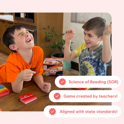 Sight Words board game by The Fidget Games; two kids play at a kitchen table on Tampa Home & Garden Store