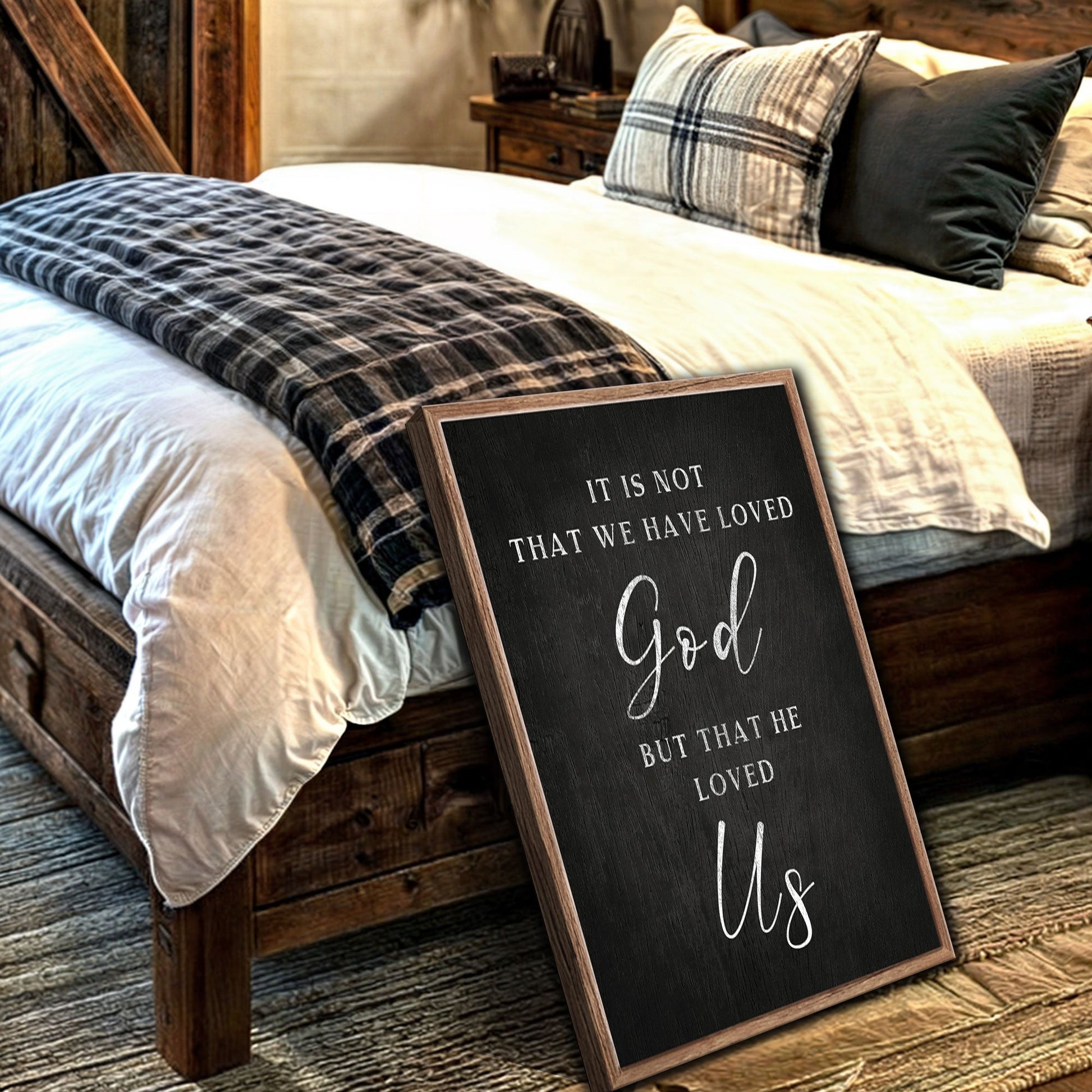 1 John 4:10 Faith Sign VI canvas by Tailored Canvases, black chalkboard-style crafting sign on rustic wood on Tampa Home & Garden Store