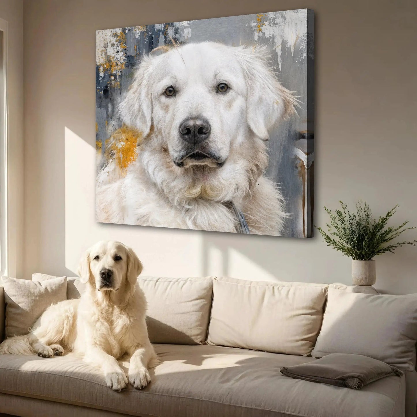 Customized Pet Portrait Abstract Wall Art canvas featuring a white fluffy dog Tailored Canvases on Tampa Home & Garden Store