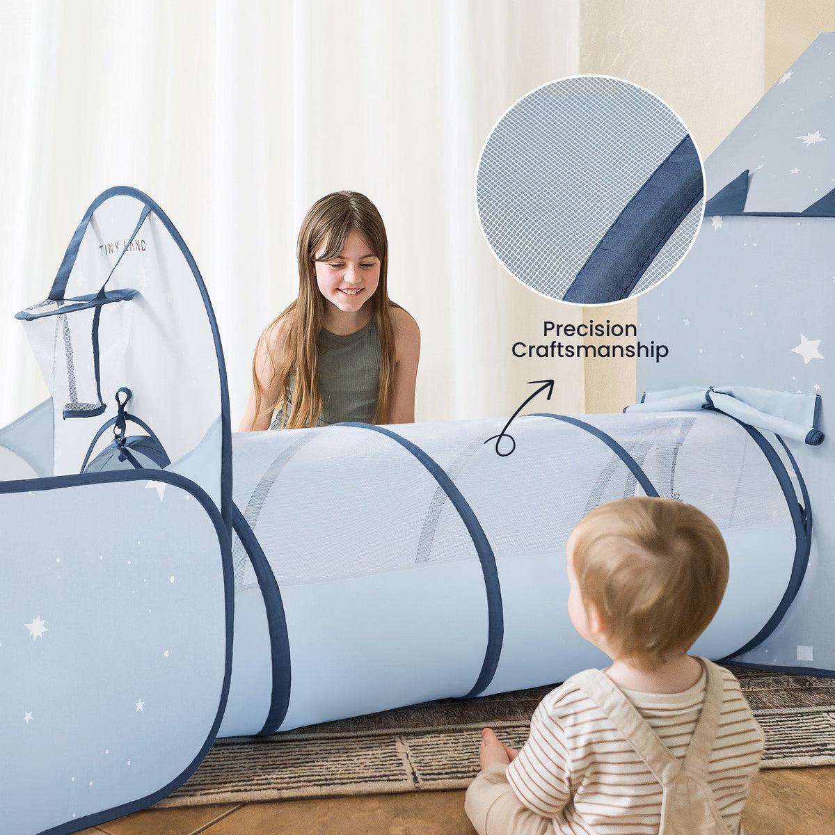 Play Tunnel Tiny Land Compact Adventure 3-in-1 blue tunnel with mesh panels on Tampa Home & Garden Store