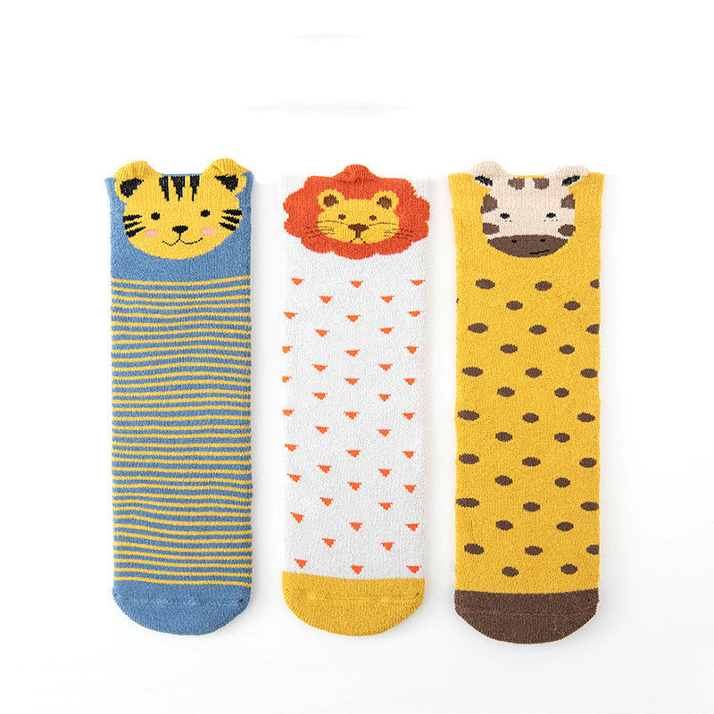 Stevvex cotton baby socks set, 3 pairs: tiger-striped blue, heart-dot white, giraffe-yellow on Tampa Home & Garden Store