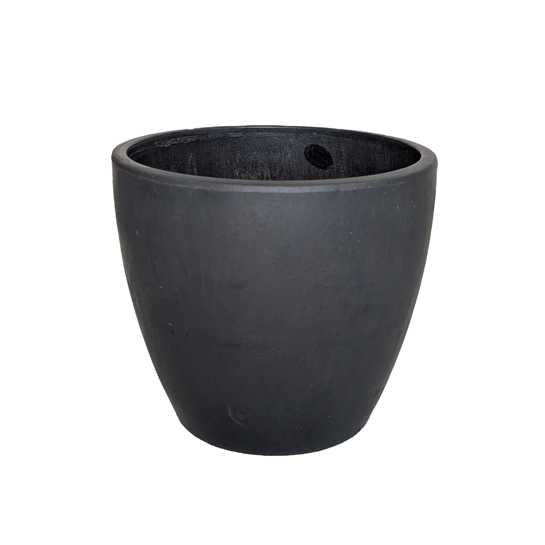Black TerraCotta Eco Pot, round plant pot with black exterior and drainage hole on Tampa Home & Garden Store