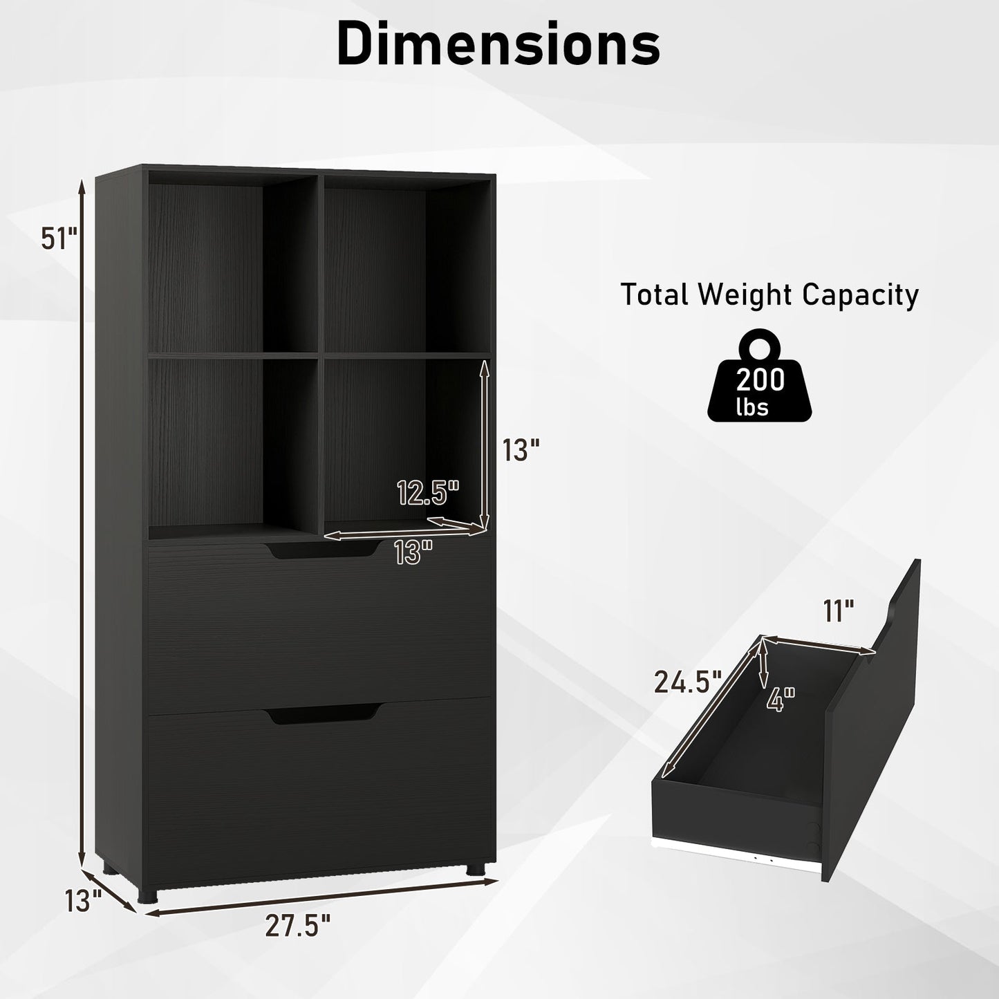 4-Cube Bookcase with 2 Drawers 51 inch 5-Tier Tall Freestanding Bookshelf