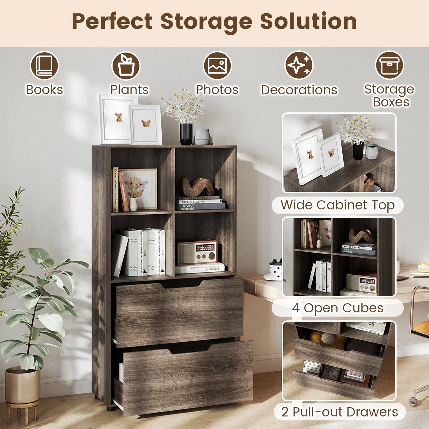 4-Cube Bookcase with 2 Drawers 51 inch 5-Tier Tall Freestanding Bookshelf