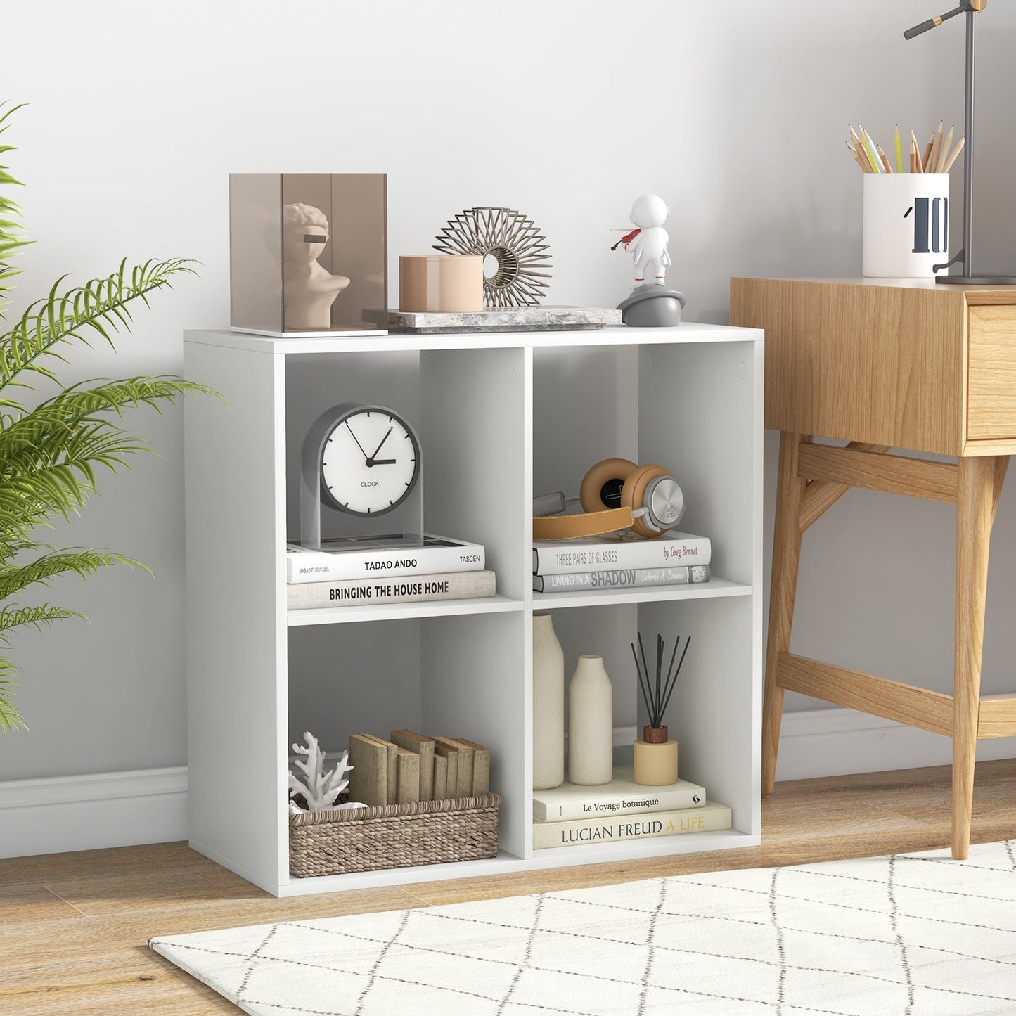 Estantería de 4 cubos con barandilla trasera para sala de estar o dormitorio - Blanco