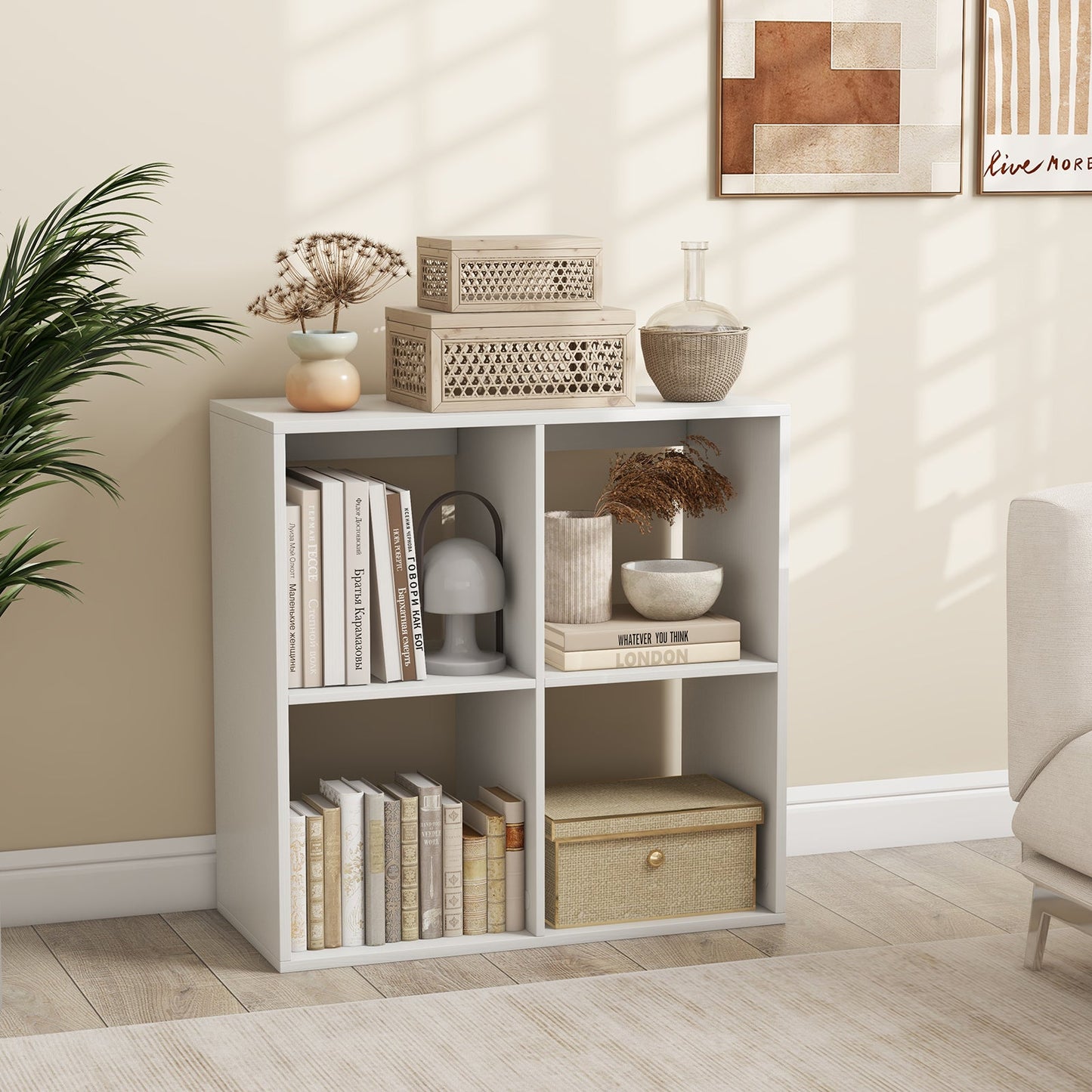 Estantería de 4 cubos con barandilla trasera para sala de estar o dormitorio - Blanco