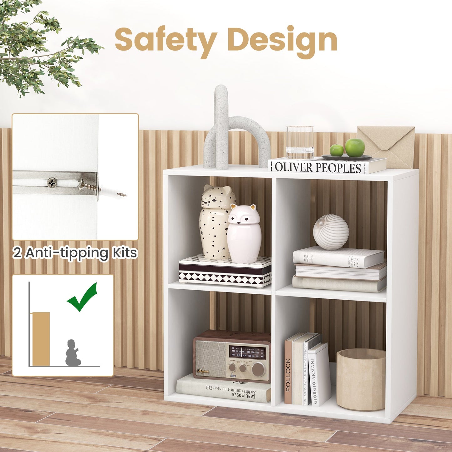Estantería de 4 cubos con barandilla trasera para sala de estar o dormitorio - Blanco