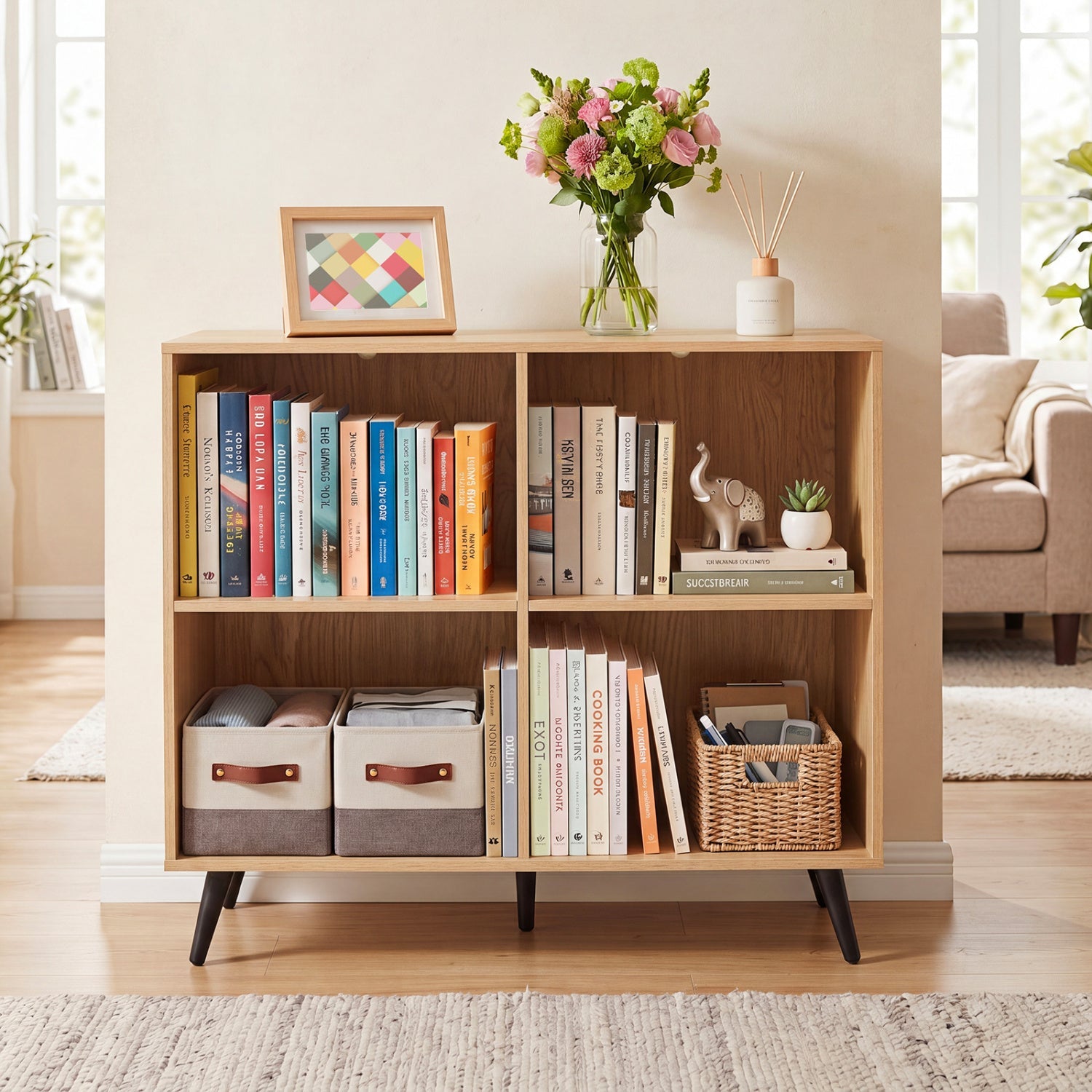4-cube bookcase with metal legs in white by DirectDeals, modern storage for books and decor on Tampa Home & Garden Store