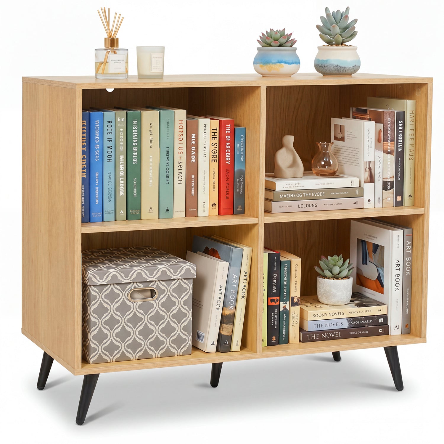 DirectDeals 4-Cube Bookcase with metal legs, wood finish, filled with books and decor on Tampa Home & Garden Store