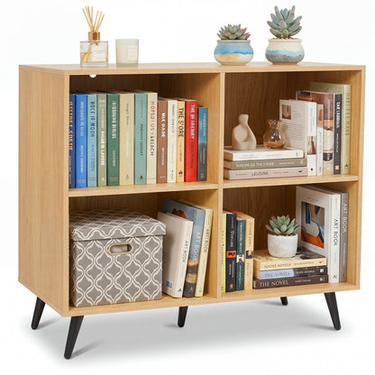DirectDeals 4-Cube Bookcase with metal legs, wood finish, filled with books and decor on Tampa Home & Garden Store