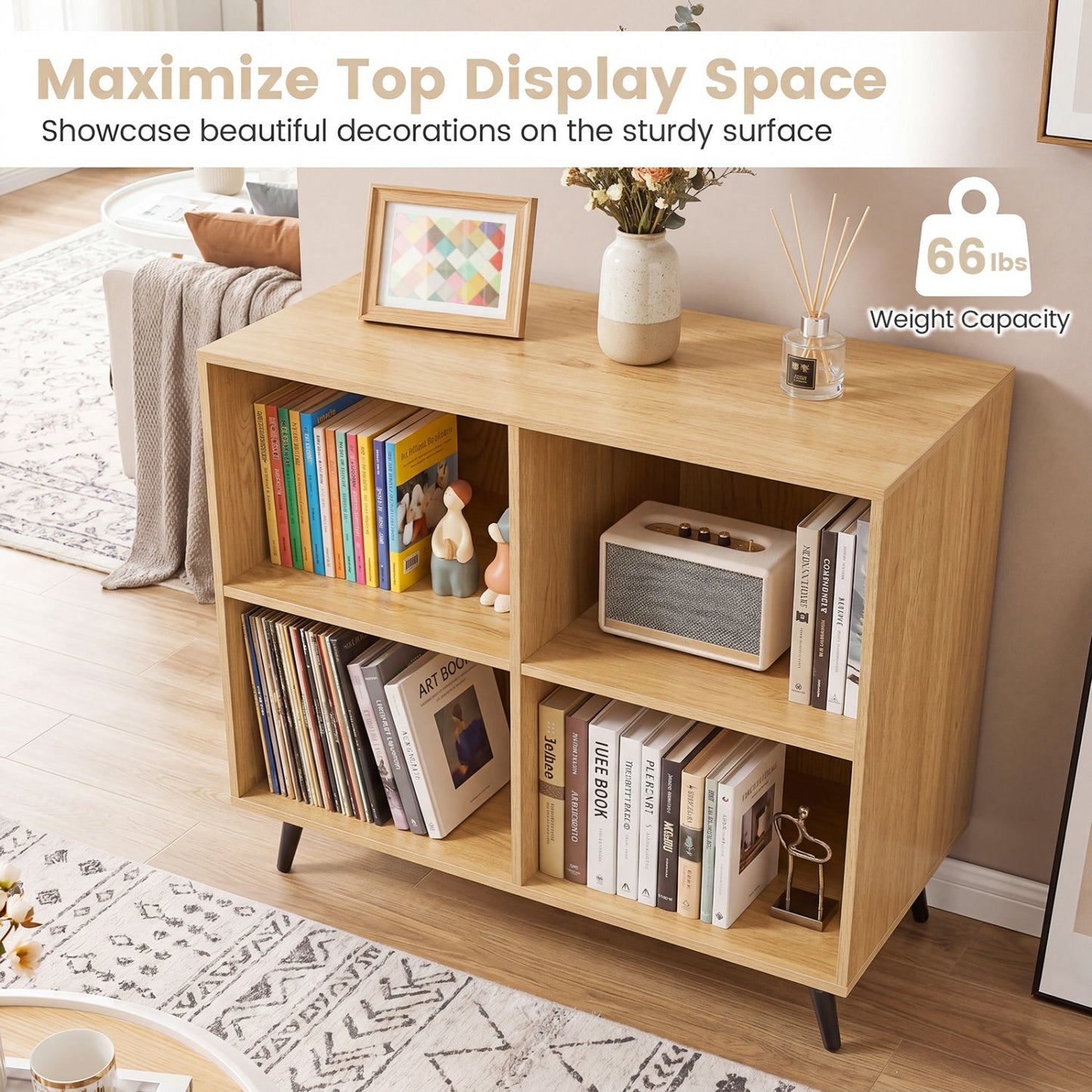 4-Cube Bookcase with Metal Legs in light wood finish, shelves filled with books and decor on Tampa Home & Garden Store
