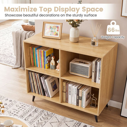 4-Cube Bookcase with Metal Legs in light wood finish, shelves filled with books and decor on Tampa Home & Garden Store