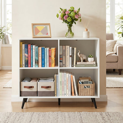 4-Cube White Bookcase with Metal Legs filled with books and storage bins in a bright living room on Tampa Home & Garden Store