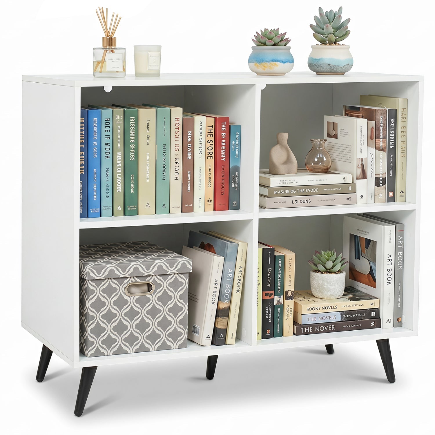 4-Cube Bookshelf with metal legs in white by DirectDeals, filled with books and decor on Tampa Home & Garden Store