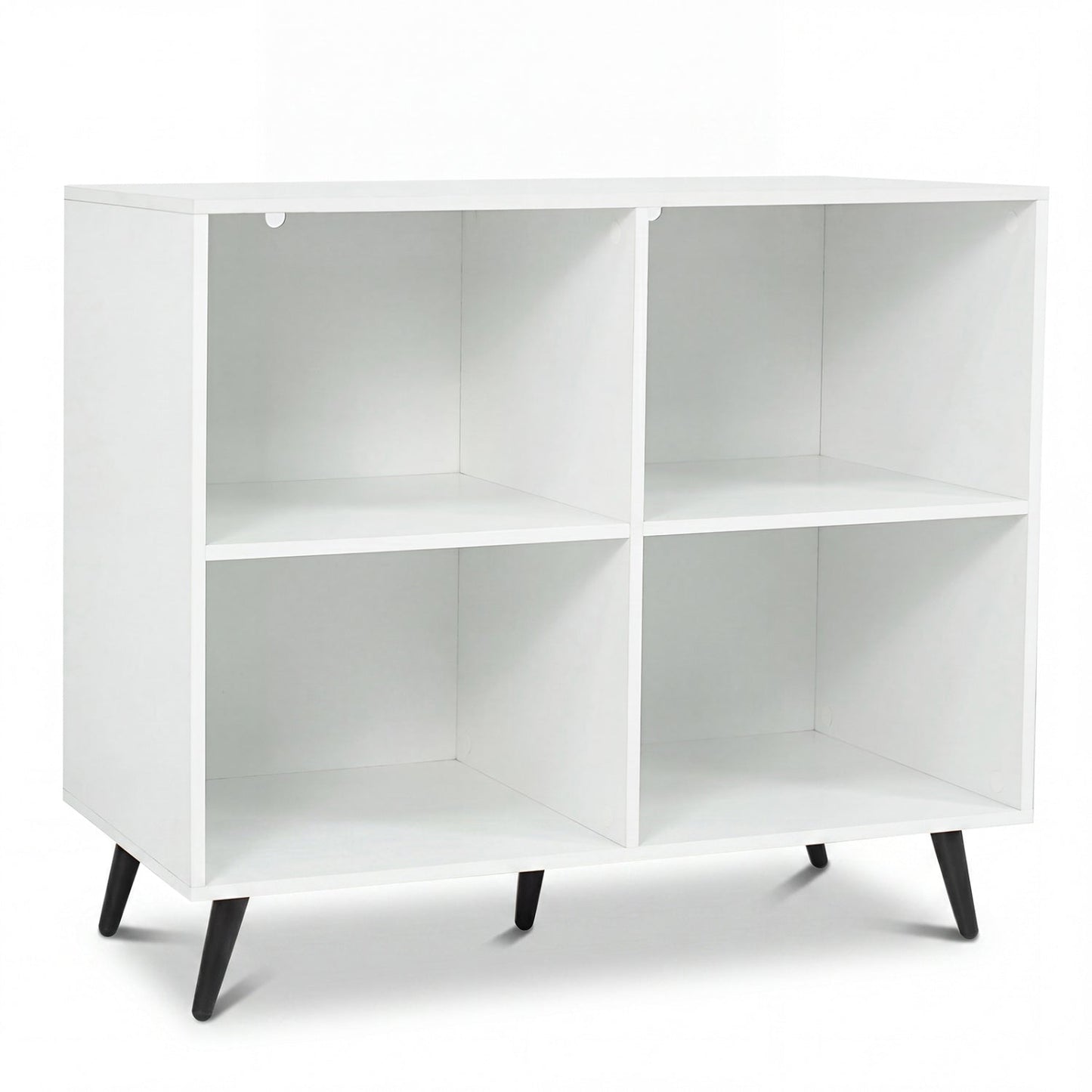 White 4-cube bookcase with black metal legs, open cubbies on Tampa Home & Garden Store