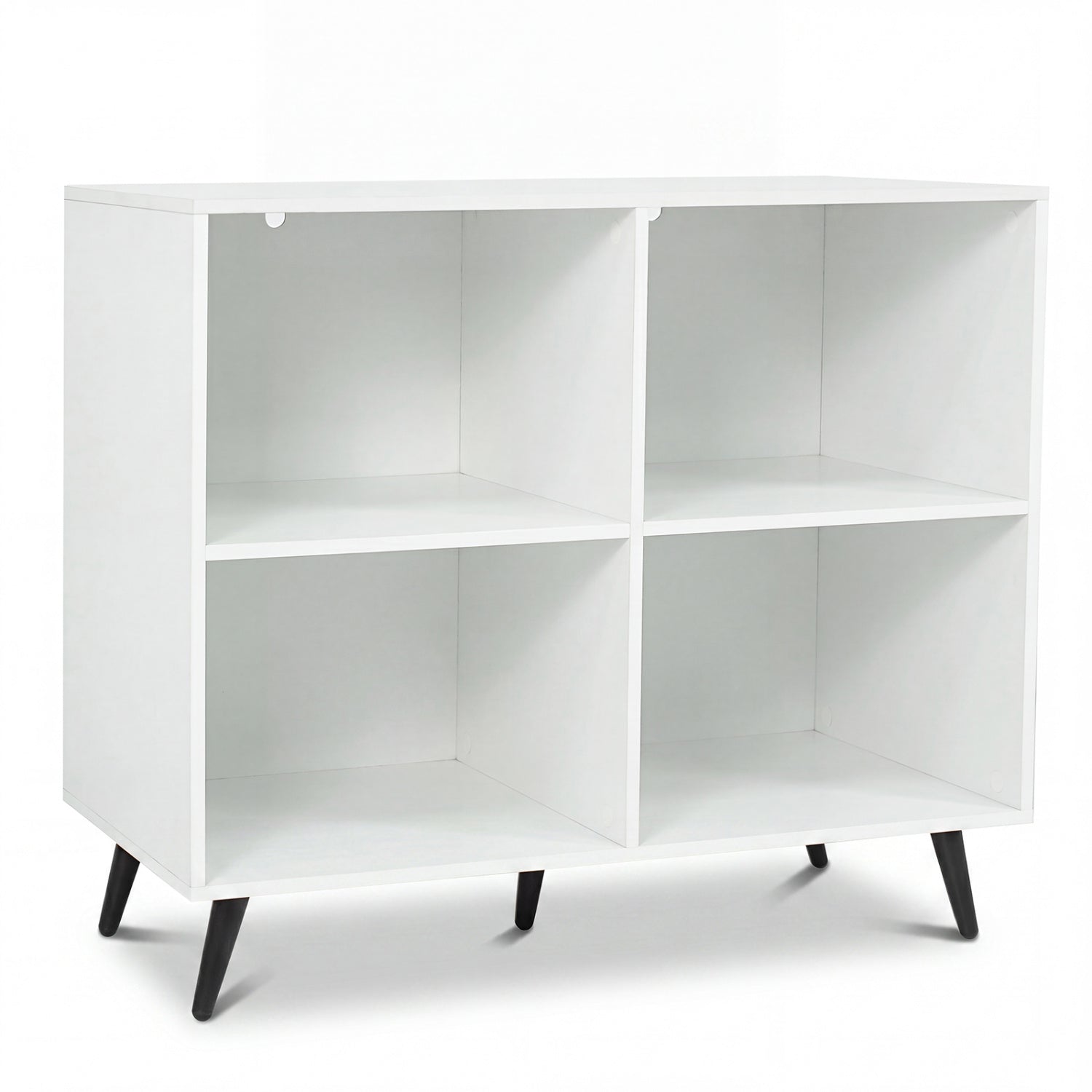 White 4-cube bookcase with black metal legs, open cubbies on Tampa Home & Garden Store