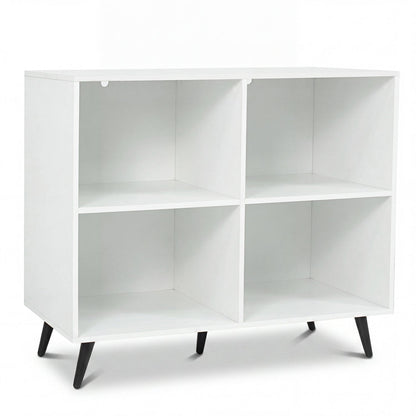 White 4-cube bookcase with black metal legs, open cubbies on Tampa Home & Garden Store