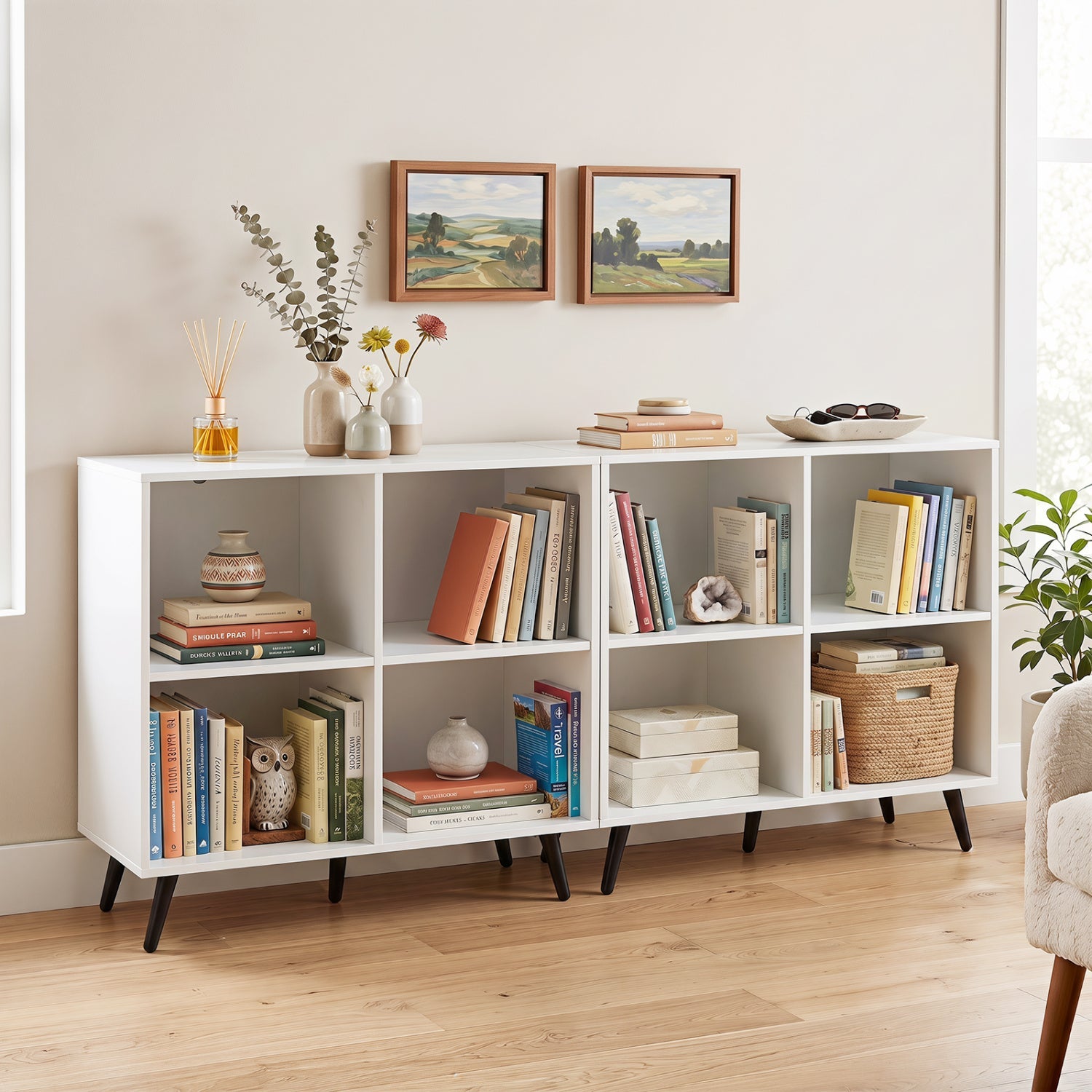 4-Cube Bookshelf with Metal Legs in white, DirectDeals bookcase with open cubbies and decor on Tampa Home & Garden Store