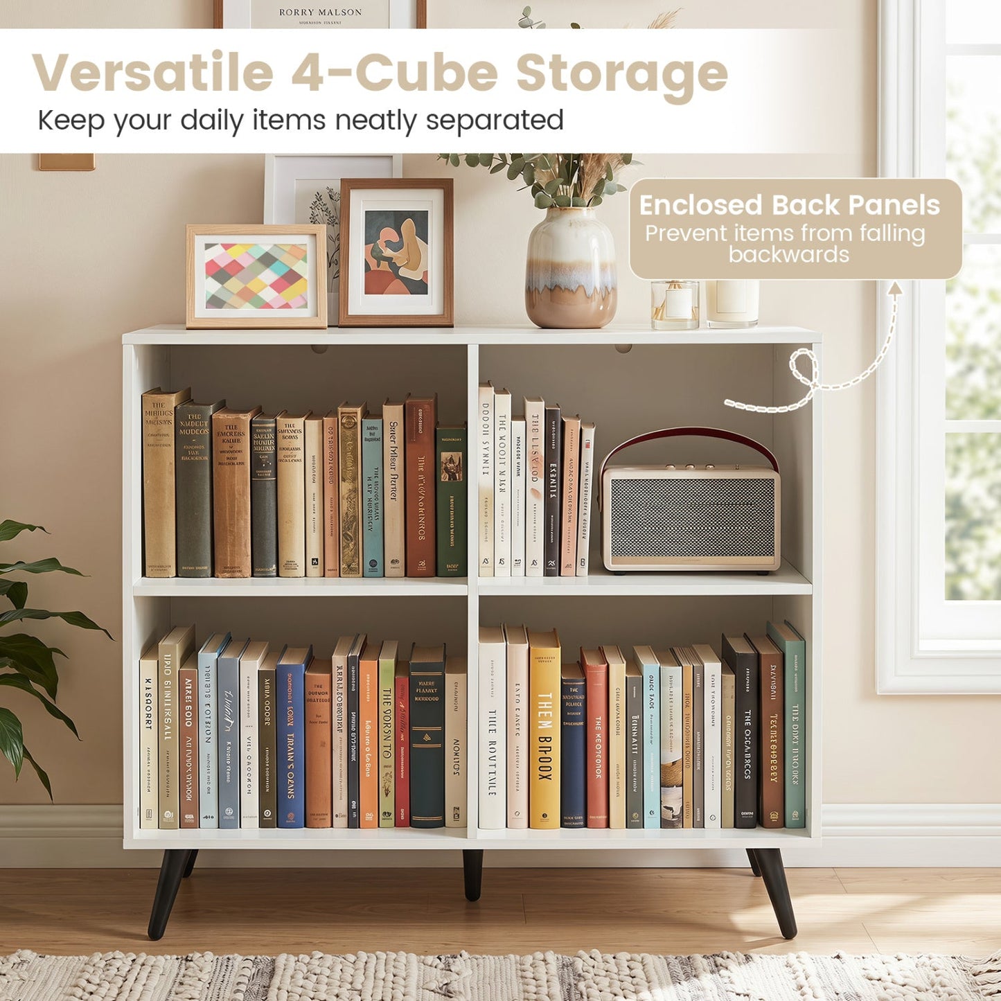 White 4-Cube Bookcase with black metal legs, top decor and book-filled lower shelves on Tampa Home & Garden Store
