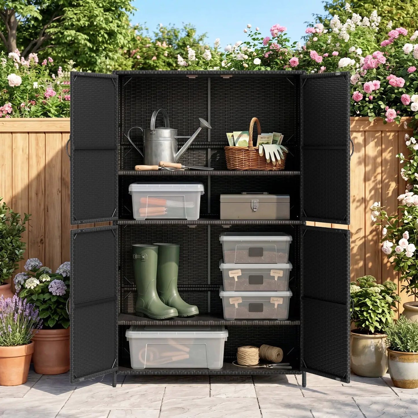 Rattan Vertical Shed With Adjustable Shelves