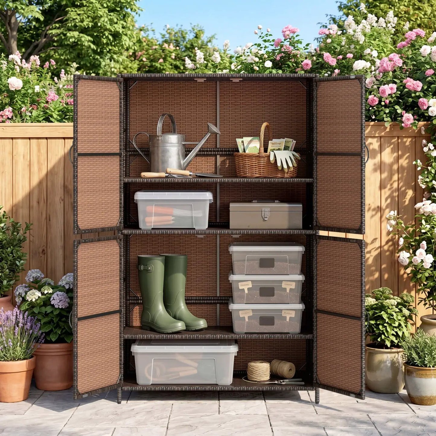 Rattan Storage Shed With Adjustable Shelves