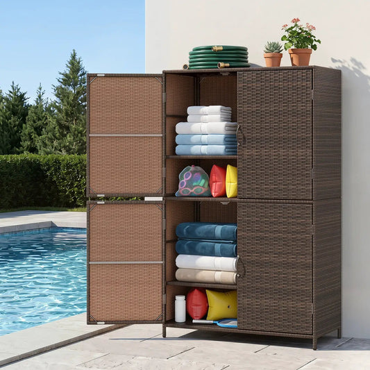 Rattan storage shed with adjustable shelves in brown wicker; doors reveal towels and pool gear on Tampa Home & Garden Store