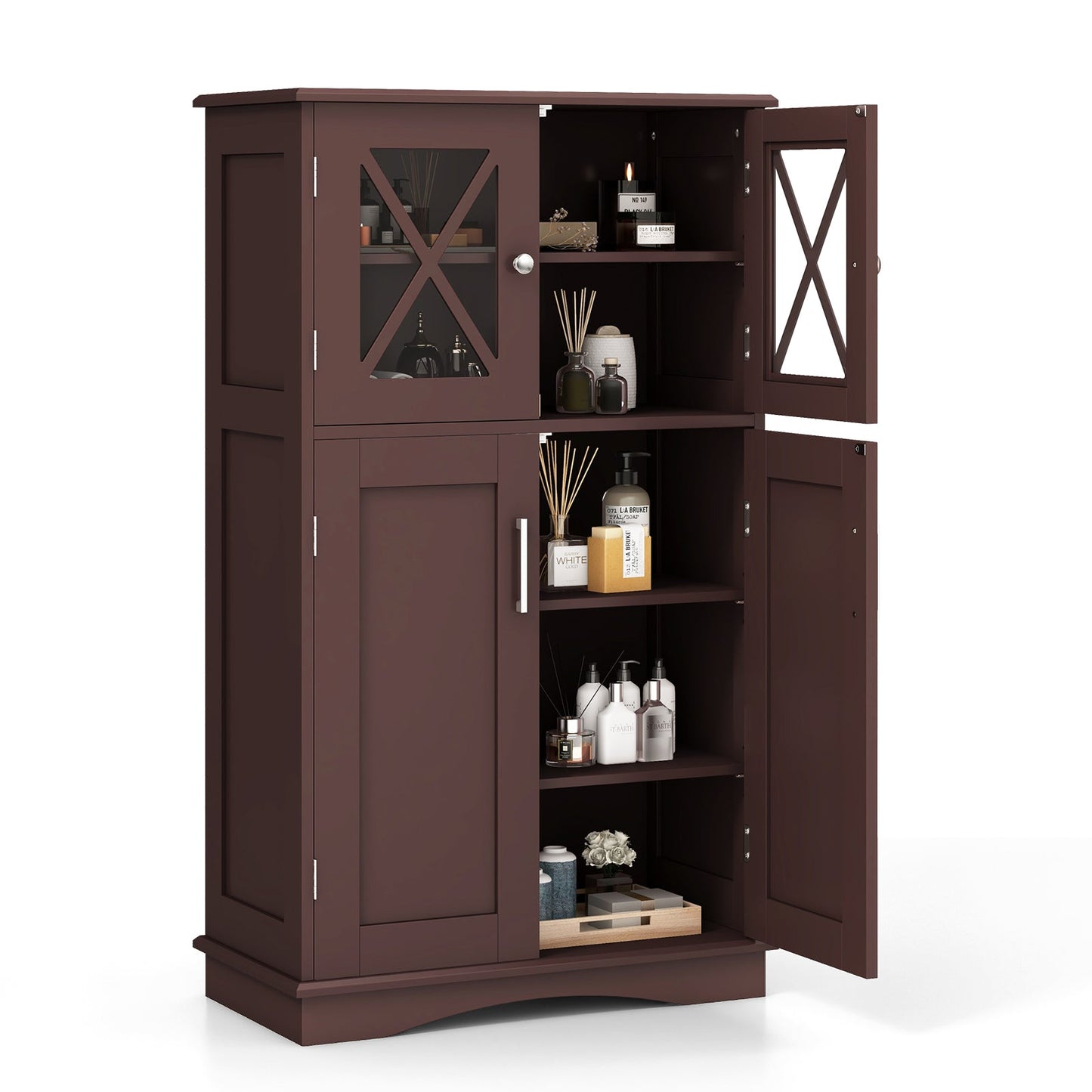 4-Door Bathroom Cabinet by DirectDeals in dark brown with glass door and adjustable shelves on Tampa Home & Garden Store