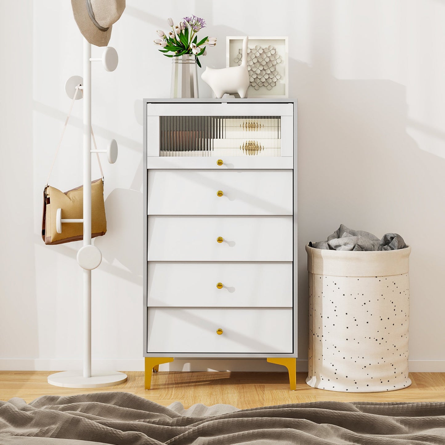 Armario de almacenamiento moderno de 4 cajones con puerta de cristal estriado abatible - gris y blanco