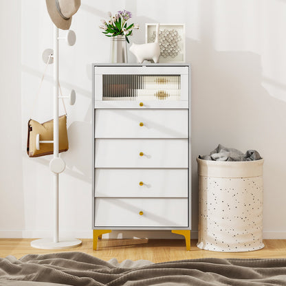 Armario de almacenamiento moderno de 4 cajones con puerta de cristal estriado abatible - gris y blanco