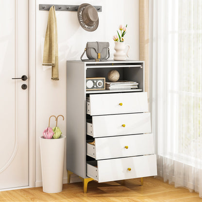 Armario de almacenamiento moderno de 4 cajones con puerta de cristal estriado abatible - gris y blanco