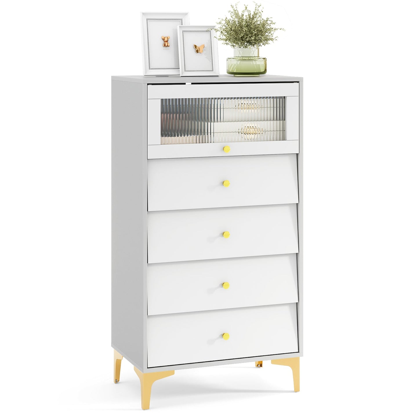 Armario de almacenamiento moderno de 4 cajones con puerta de cristal estriado abatible - gris y blanco