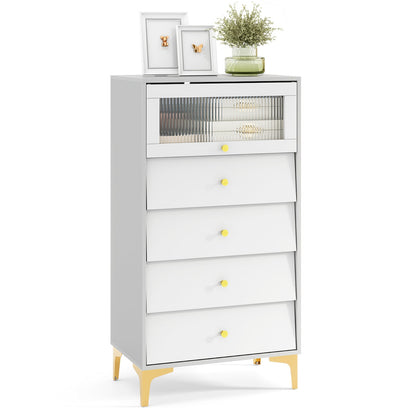 Armario de almacenamiento moderno de 4 cajones con puerta de cristal estriado abatible - gris y blanco