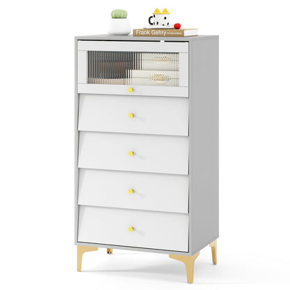 Armario de almacenamiento moderno de 4 cajones con puerta de cristal estriado abatible - gris y blanco