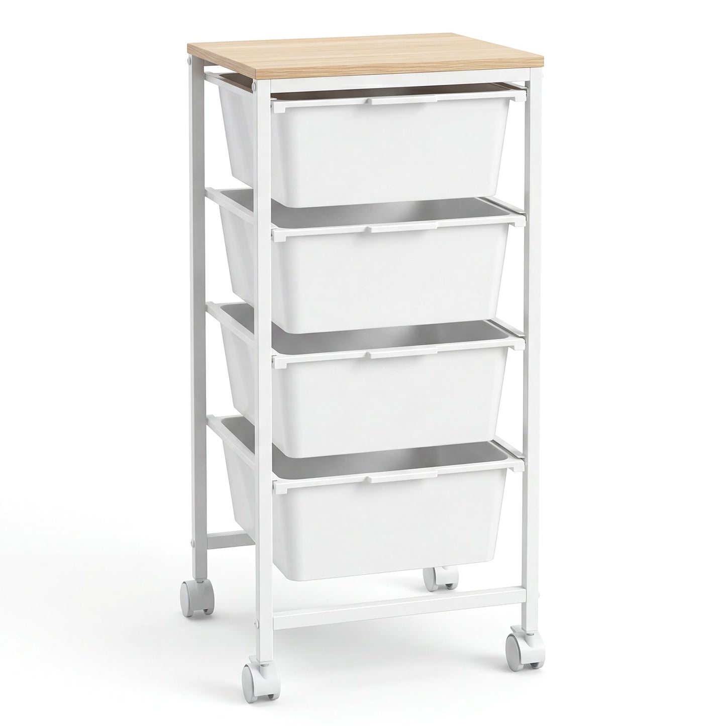 4-Drawer Rolling Storage Cart Mobile Utility Organizer with Wooden Tabletop and Lockable Wheels-White