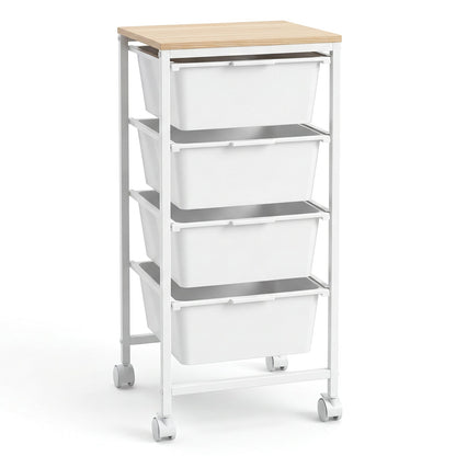 4-Drawer Rolling Storage Cart Mobile Utility Organizer with Wooden Tabletop and Lockable Wheels-White
