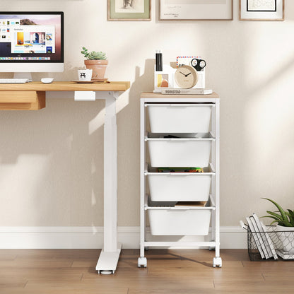 4-Drawer Rolling Storage Cart Mobile Utility Organizer with Wooden Tabletop and Lockable Wheels-White