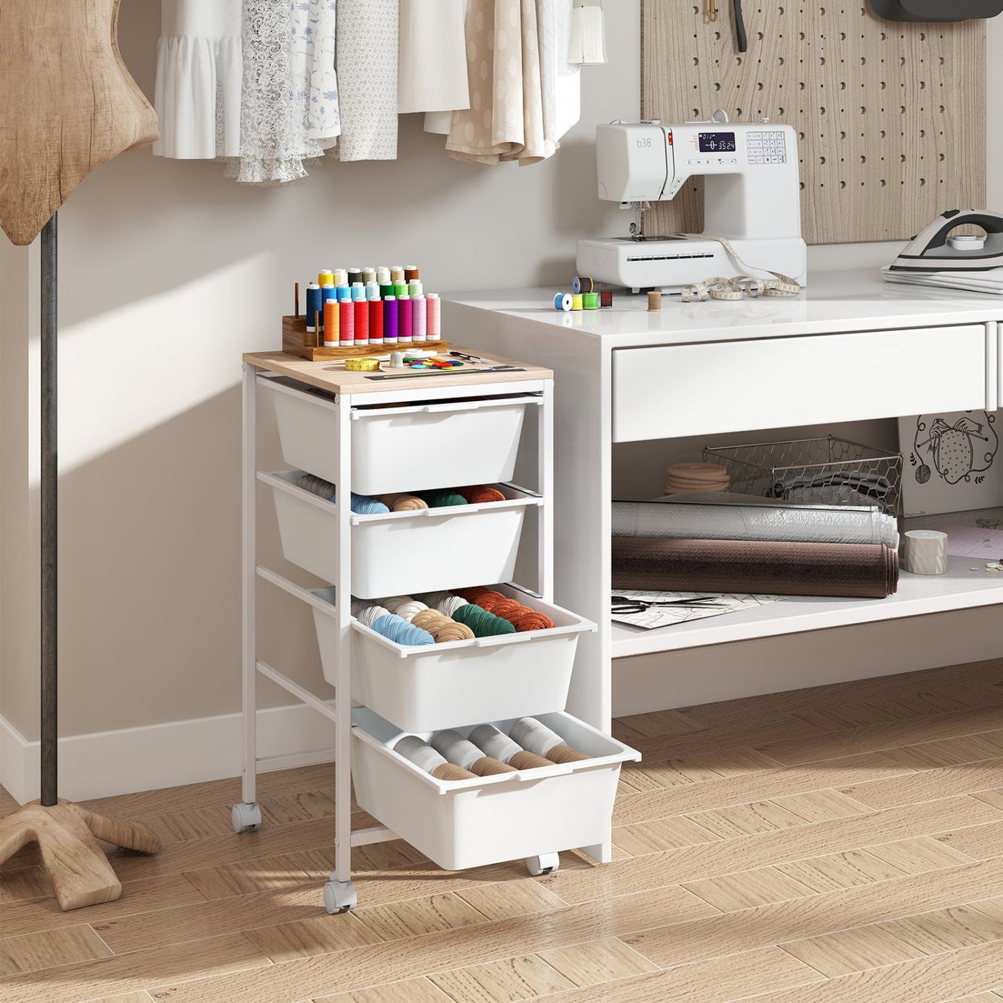 4-Drawer Rolling Storage Cart Mobile Utility Organizer with Wooden Tabletop and Lockable Wheels-White