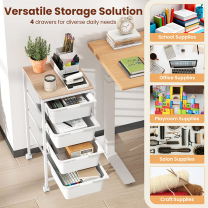 4-Drawer Rolling Storage Cart Mobile Utility Organizer with Wooden Tabletop and Lockable Wheels-White