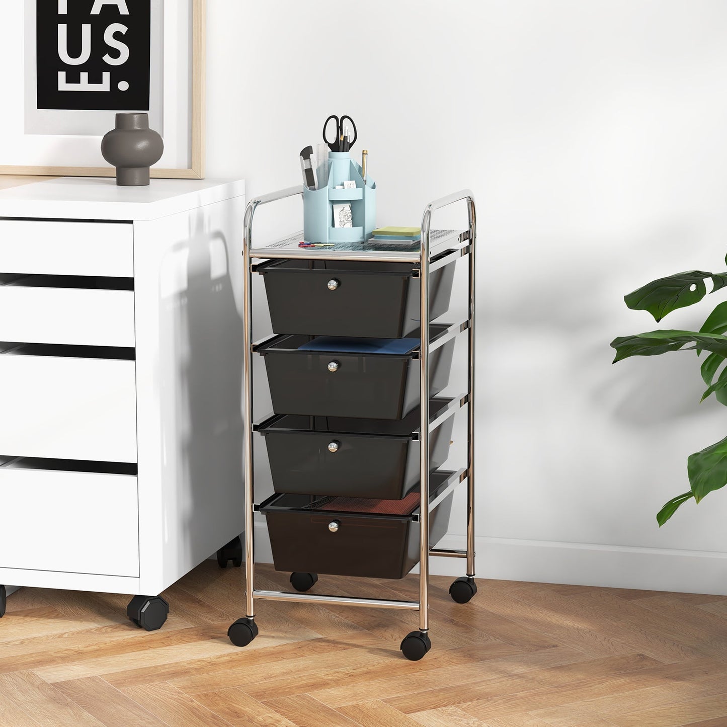 4-Drawer Cart Storage Bin Organizer Rolling with Plastic Drawers-Black