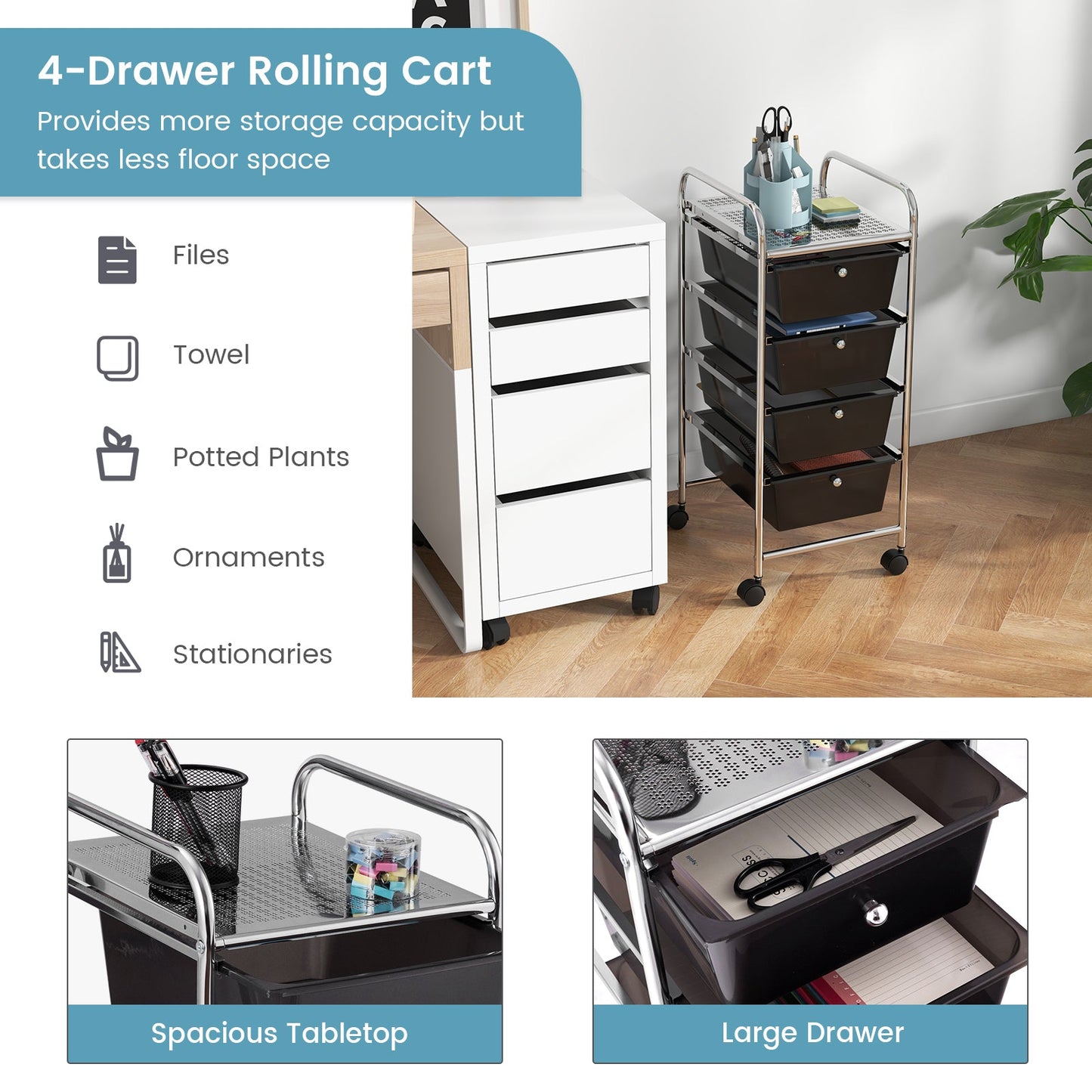 4-Drawer Cart Storage Bin Organizer Rolling with Plastic Drawers-Black