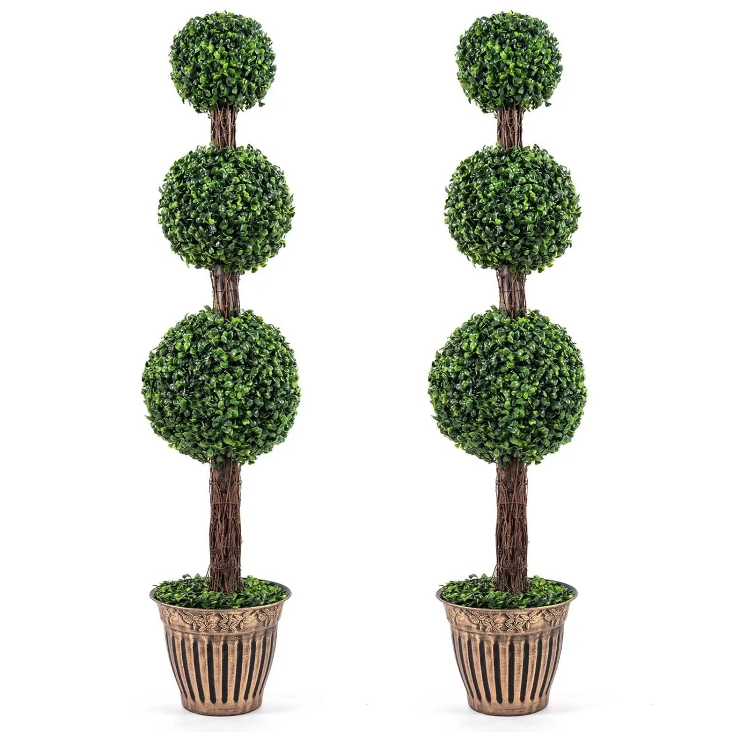 4 FT Artificial Triple Ball Boxwood Tree with Cement-filled Retro Planter Set of 2