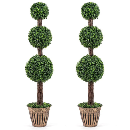 4 FT Artificial Triple Ball Boxwood Tree with Cement-filled Retro Planter Set of 2