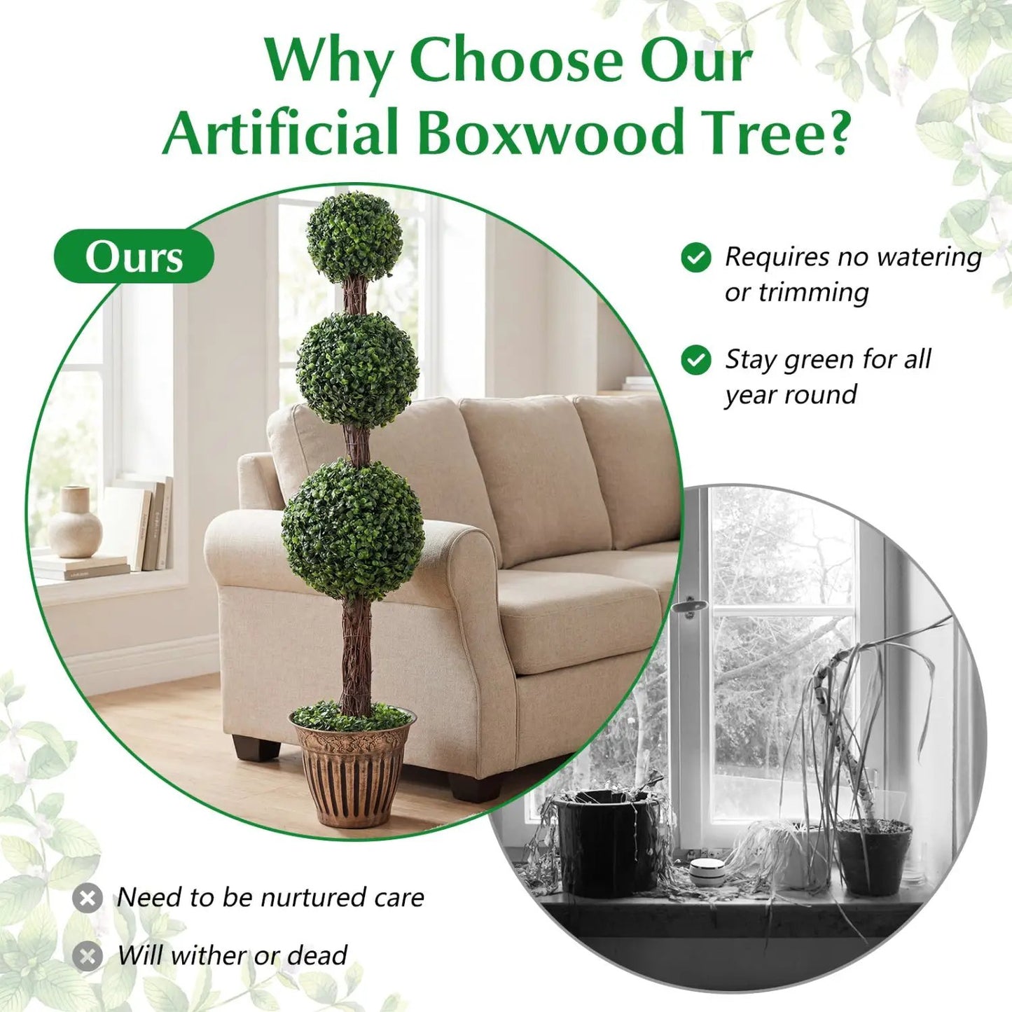 4 FT Artificial Triple Ball Boxwood Tree with Cement-filled Retro Planter Set of 2